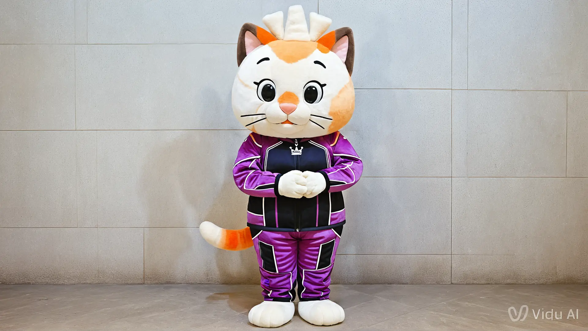 巨大な猫マスコットスーツを着た女の子のくつろぎアパート