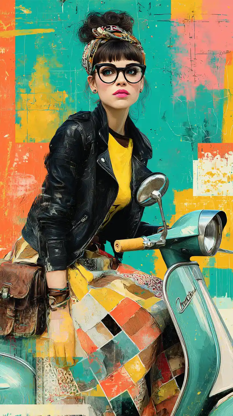 Stylized woman on vintage scooter in vibrant pop art scene