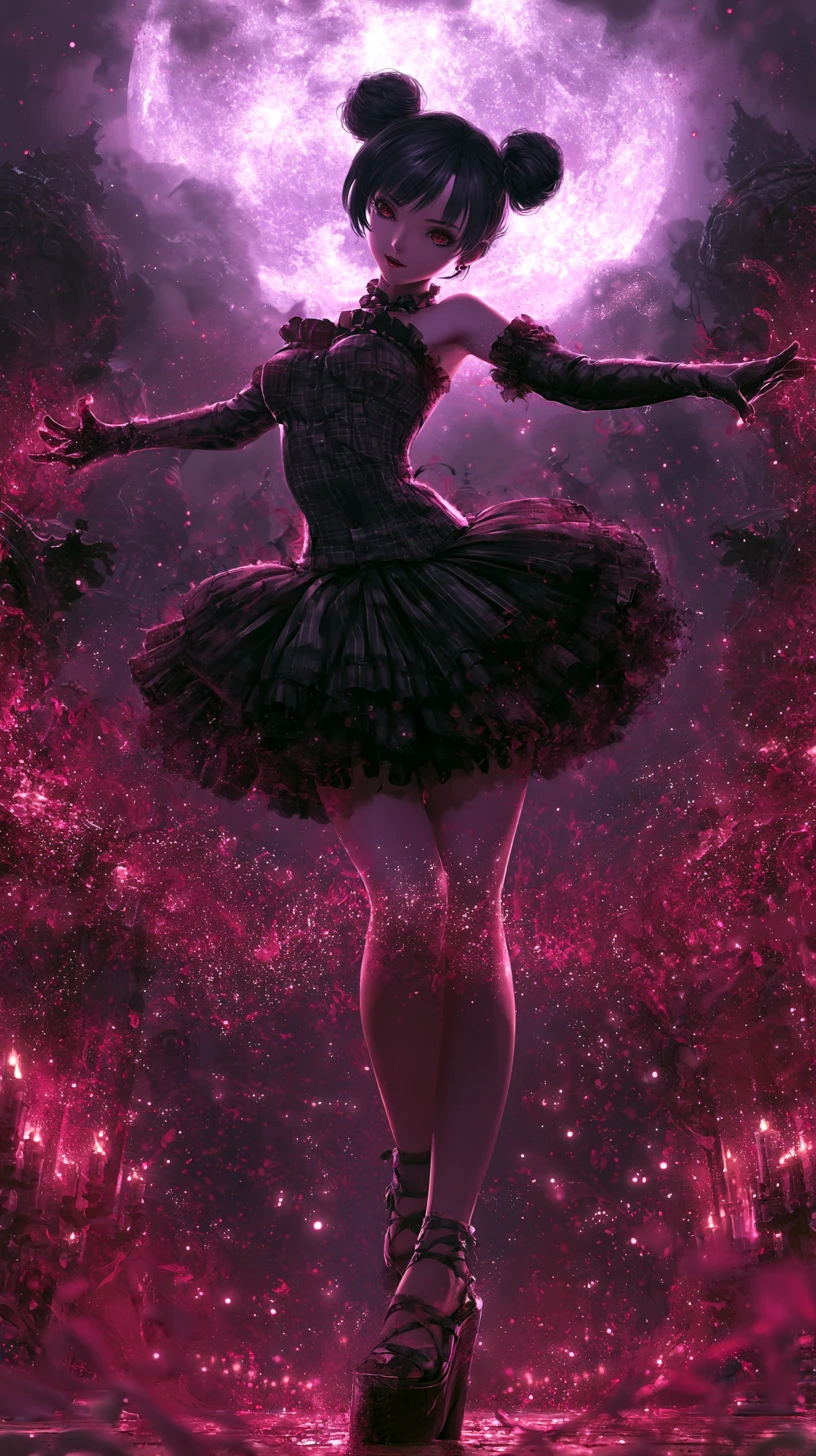 Gothic sorceress casting magic under a purple moon