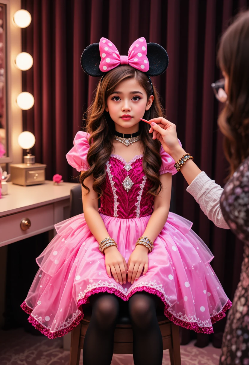 Nervous young boy in princess dress at vanity table