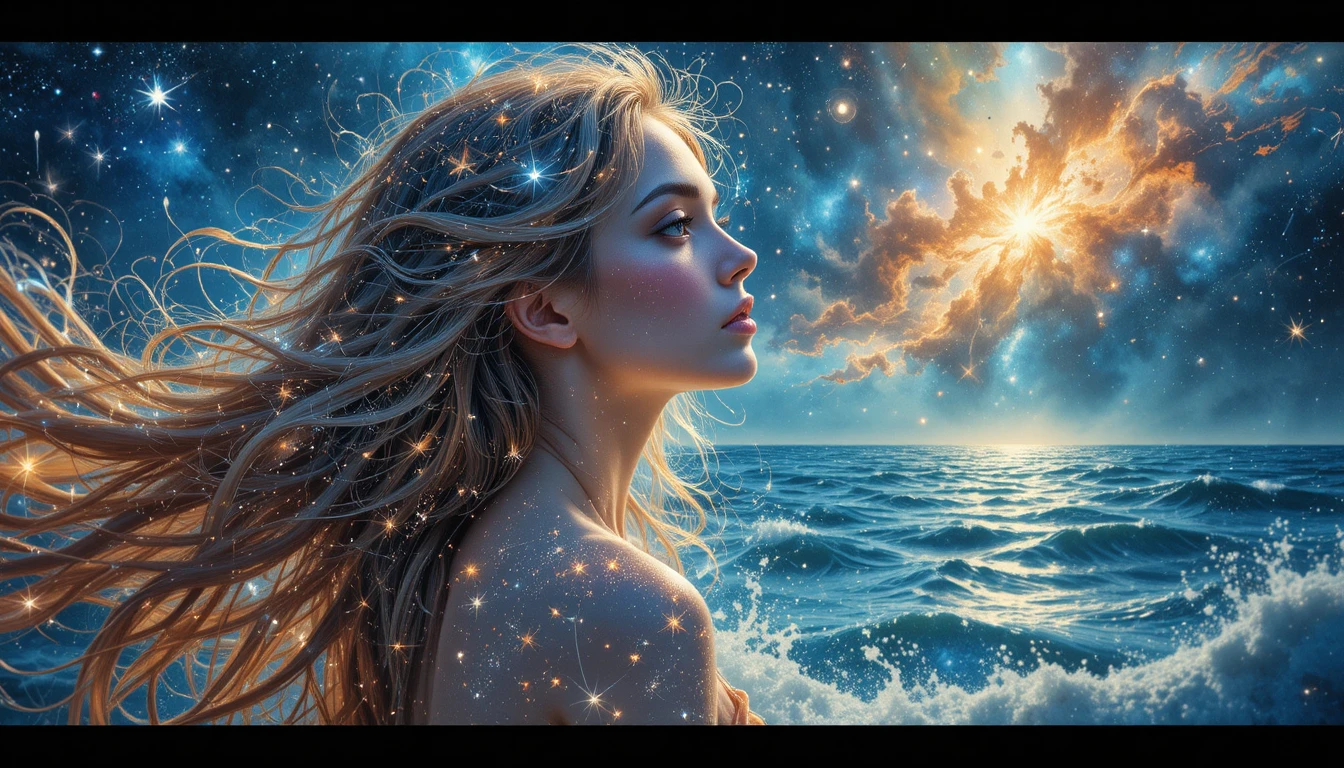 Ethereal woman with starlight hair above a cosmic ocean