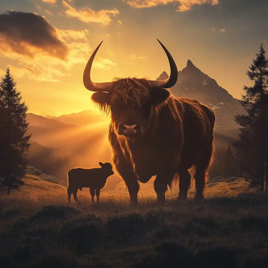 Highland cow silhouette filled with glowing mountain sunrise