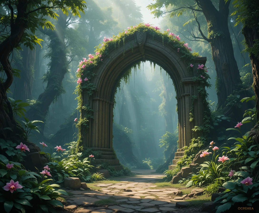 Ancient moss covered stone archway in a misty jungle clearing