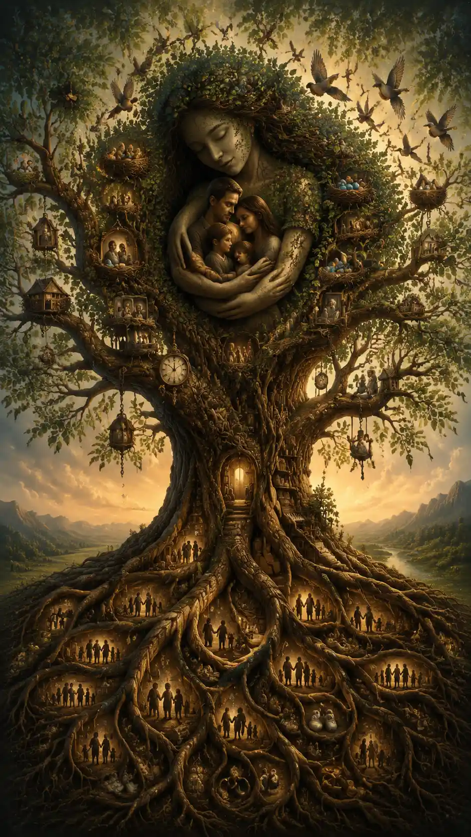 Surreal family tree growing from intertwined symbolic roots
