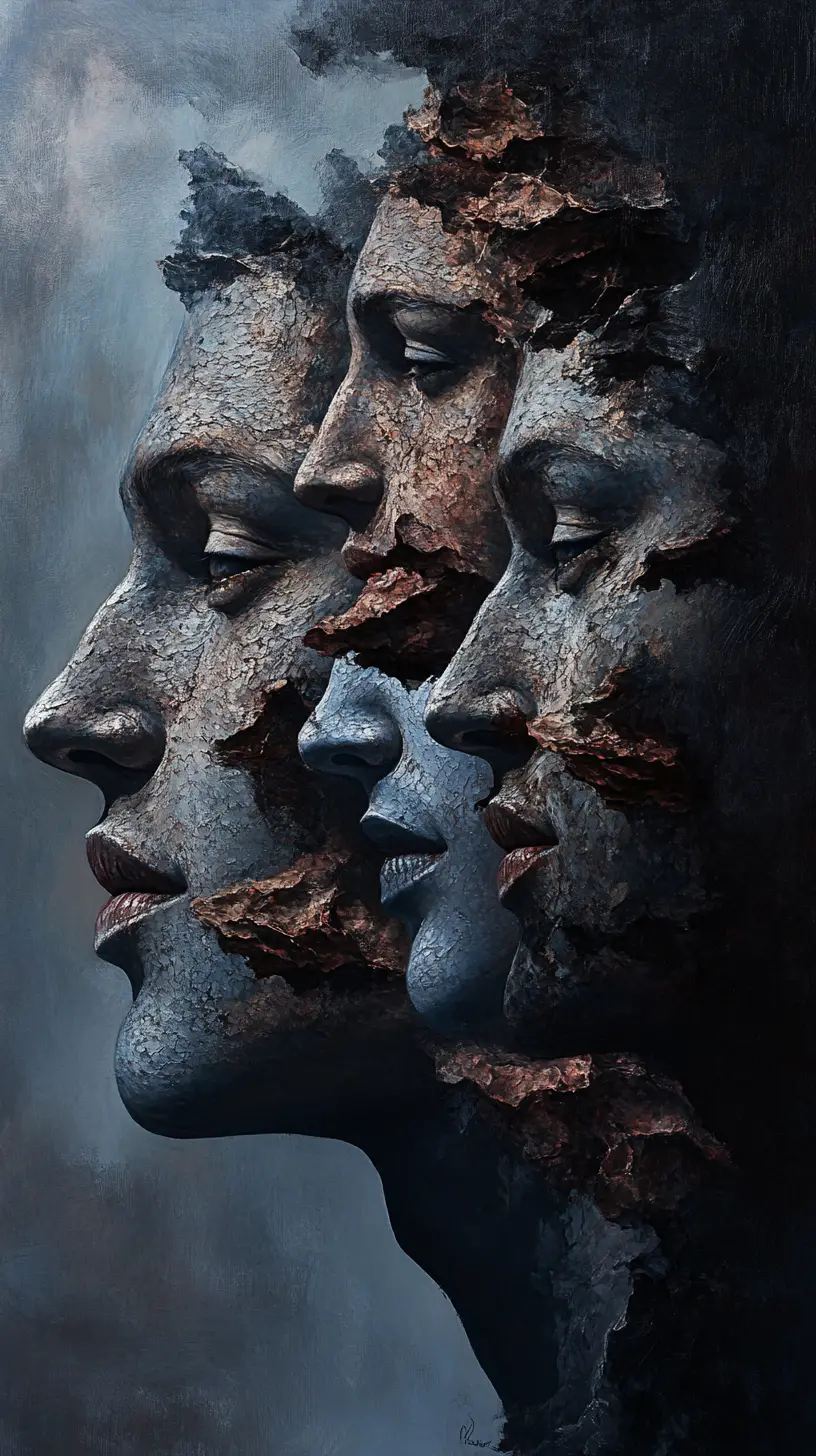 Surreal portrait with hidden emotional faces in one visage