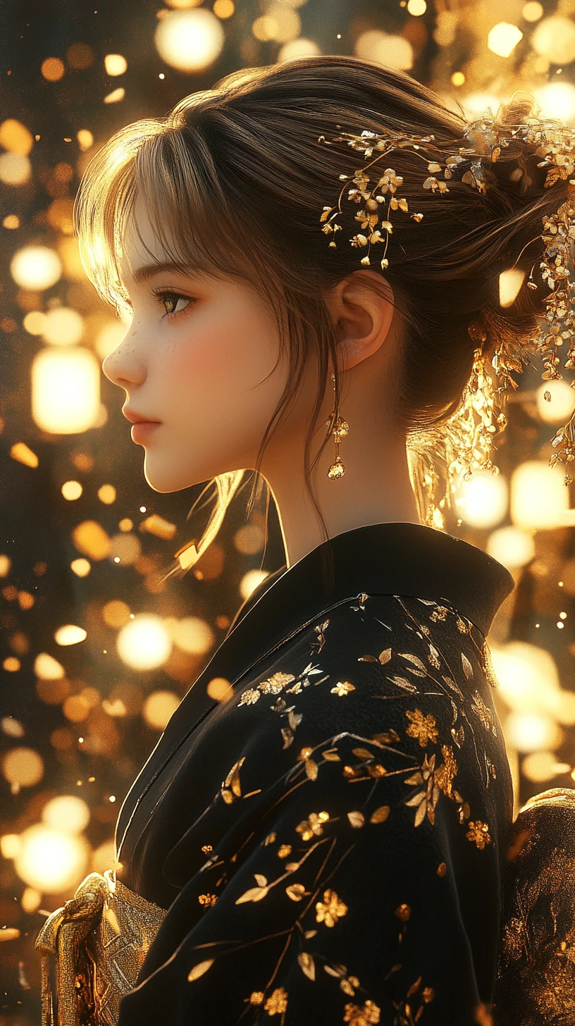 Girl in black kimono in glowing fantasy forest
