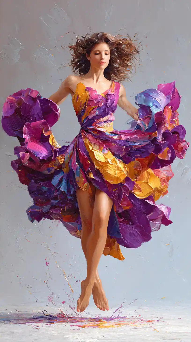 Dancing woman in swirling rainbow dress digital painting