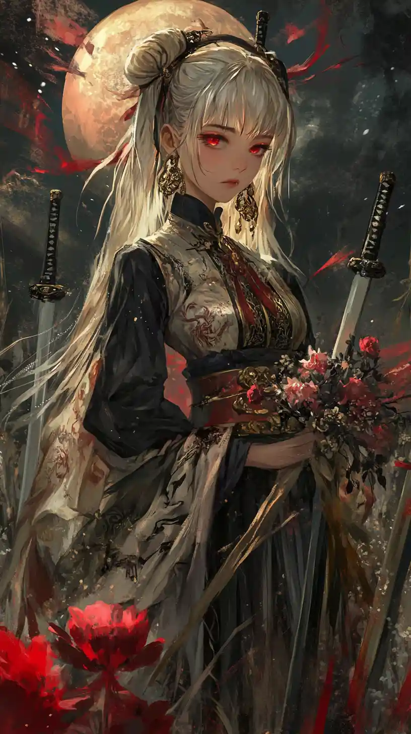 Sad anime girl walking through a field of fallen swords