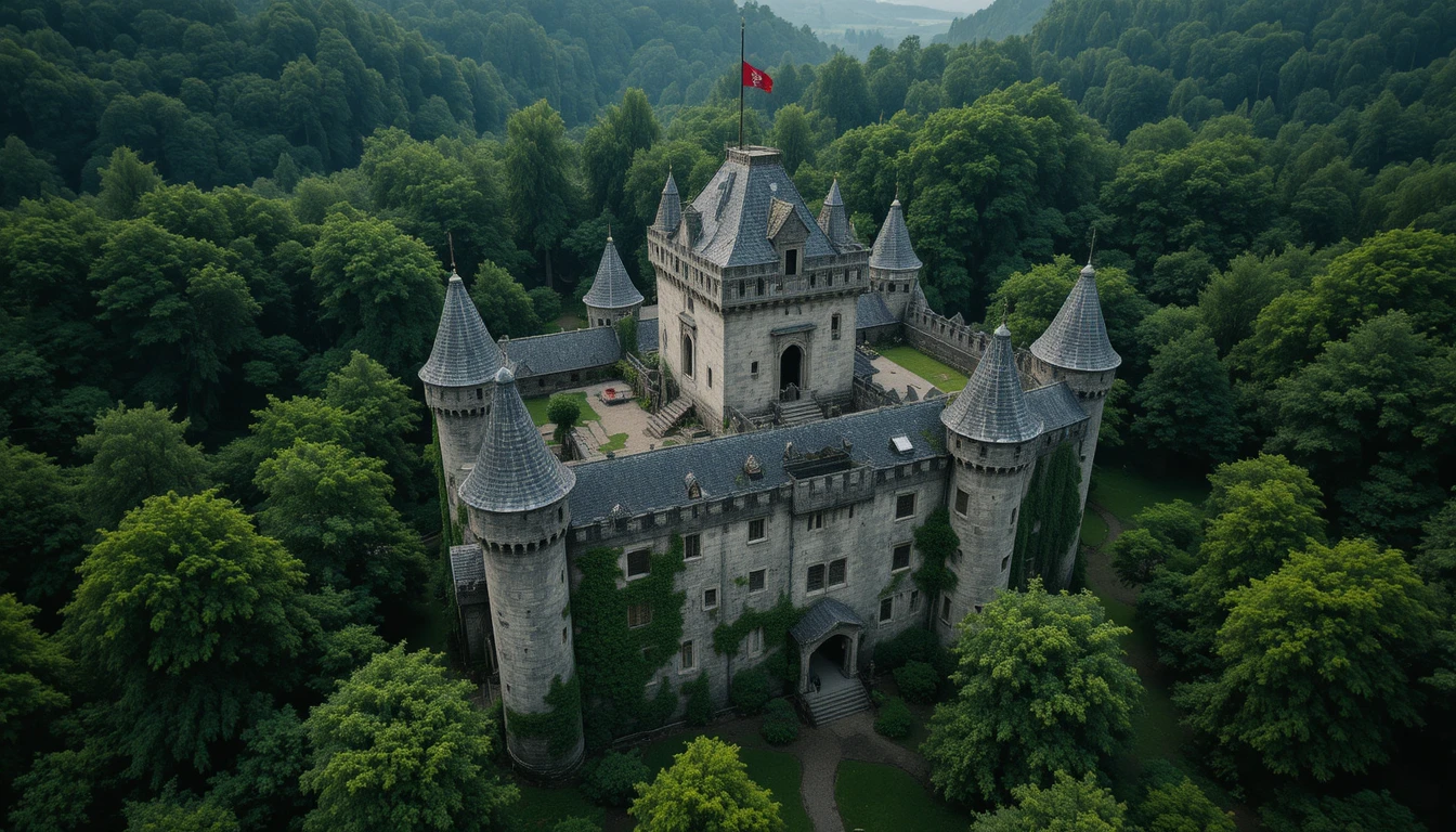 Medieval stone castle hidden deep in a lush forest