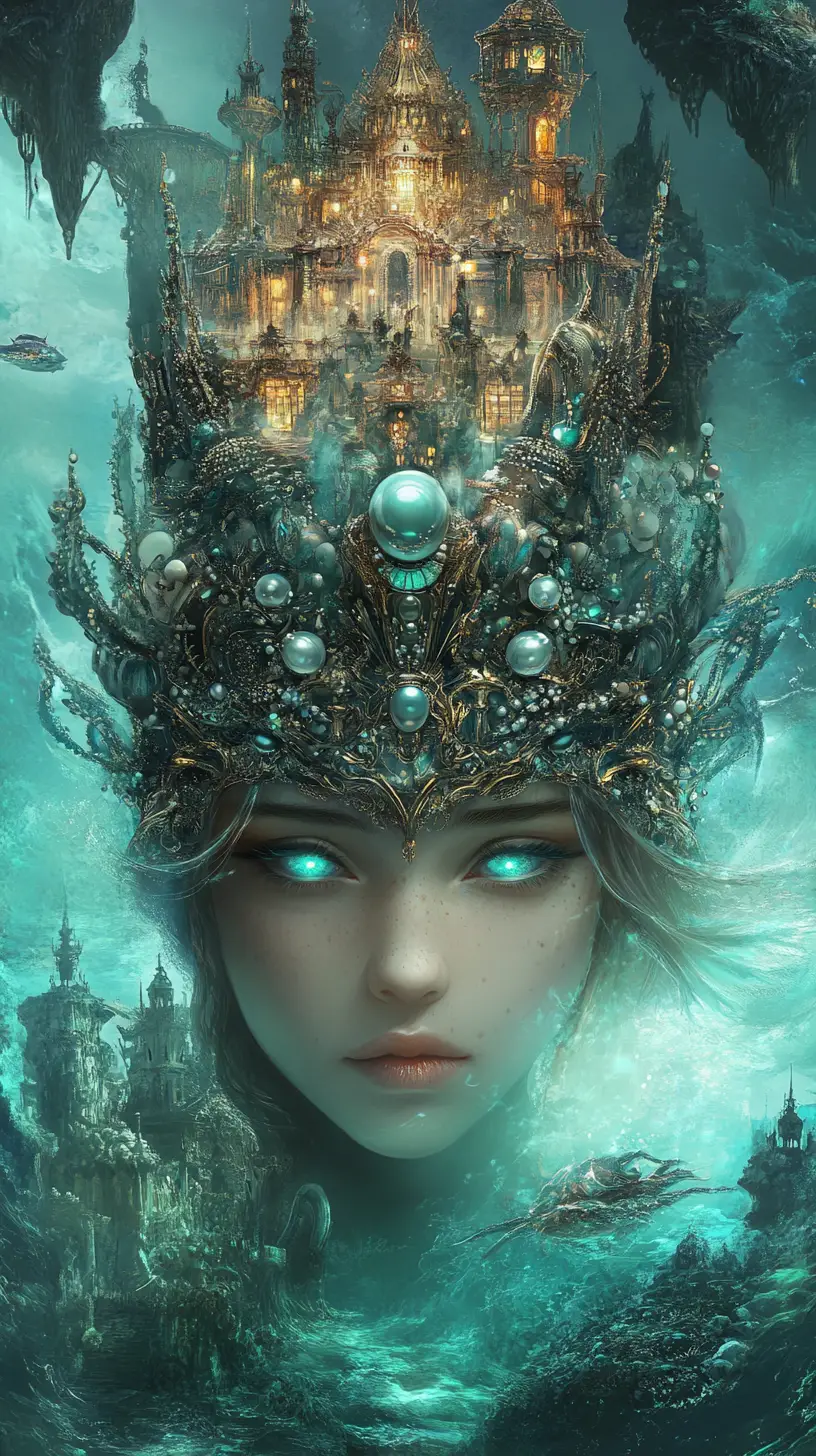Siren queen ruling an enchanted island of coral and brass