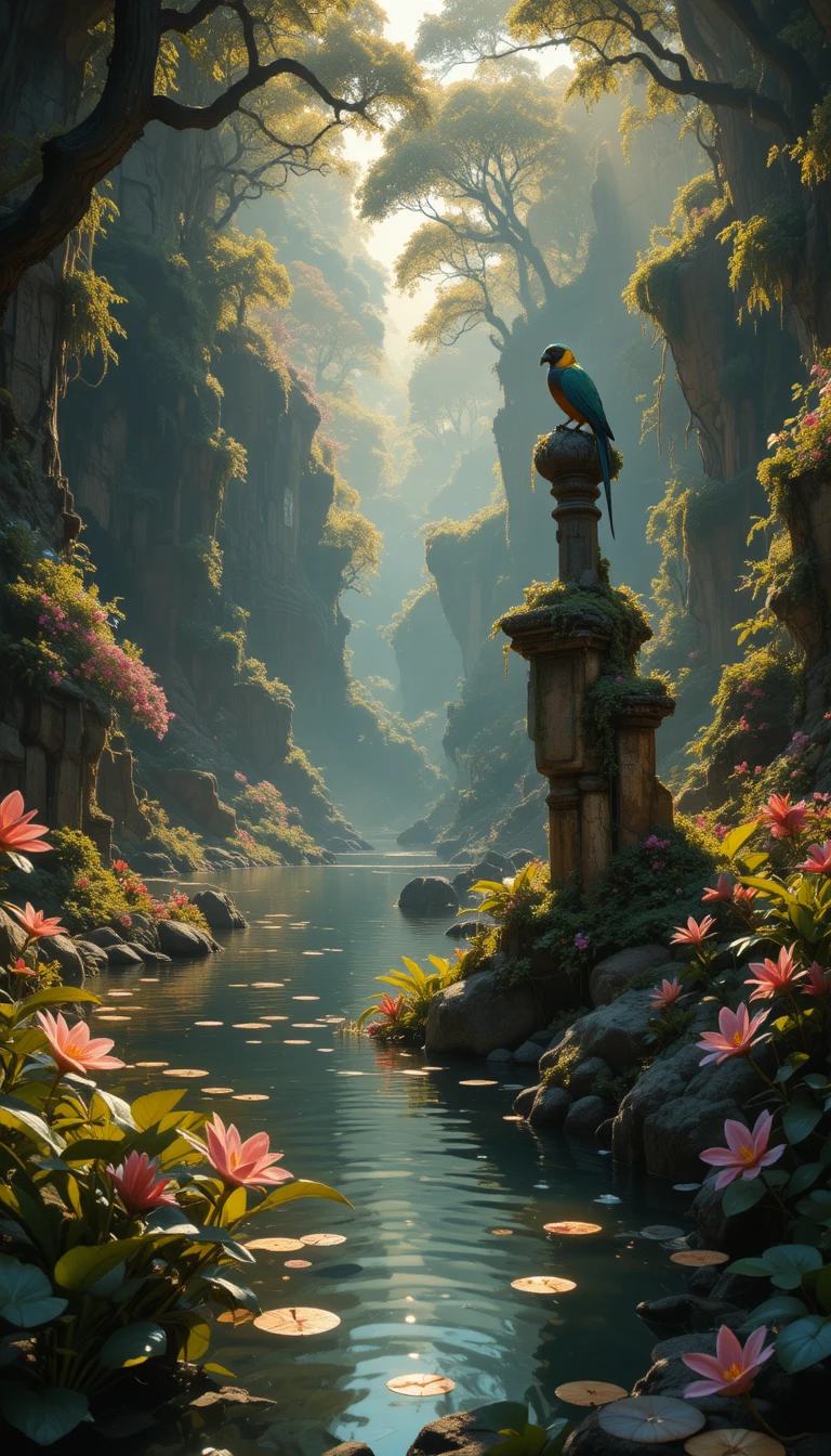 Hidden turquoise jungle lagoon with ancient mossy ruins
