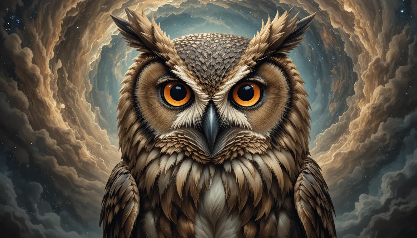 Ancient Cosmic Owl Portrait In Ethereal Oil Painting Style