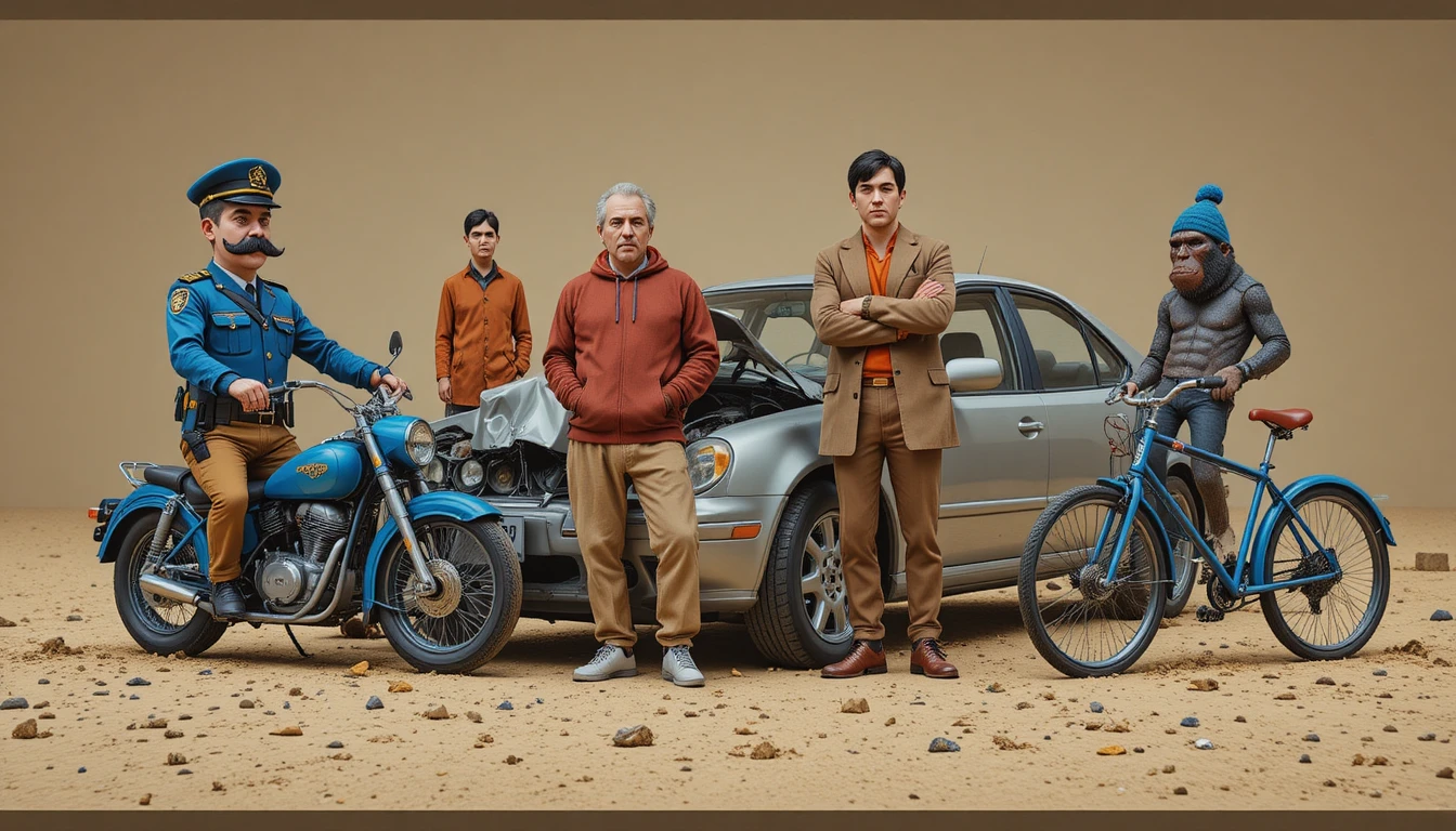 Surreal group gathered around a wrecked silver car