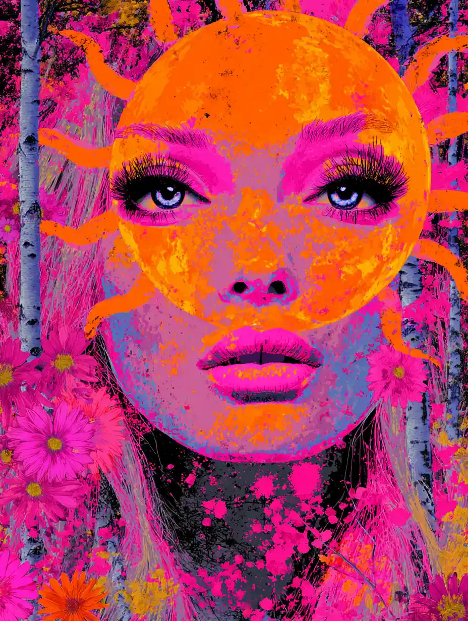 Whimsical surreal woman before cascading petals and glowing sun