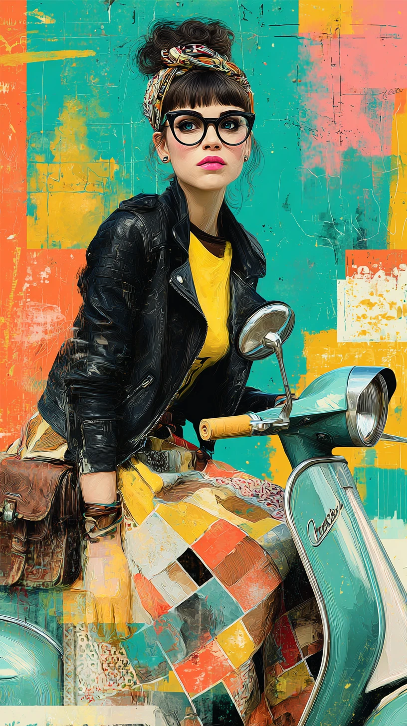 Femme stylisée sur scooter vintage dans une scène pop art vibrante