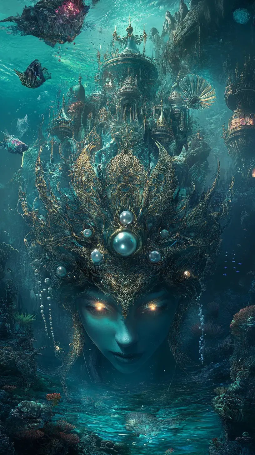 Siren queen ruling an enchanted island of coral and brass