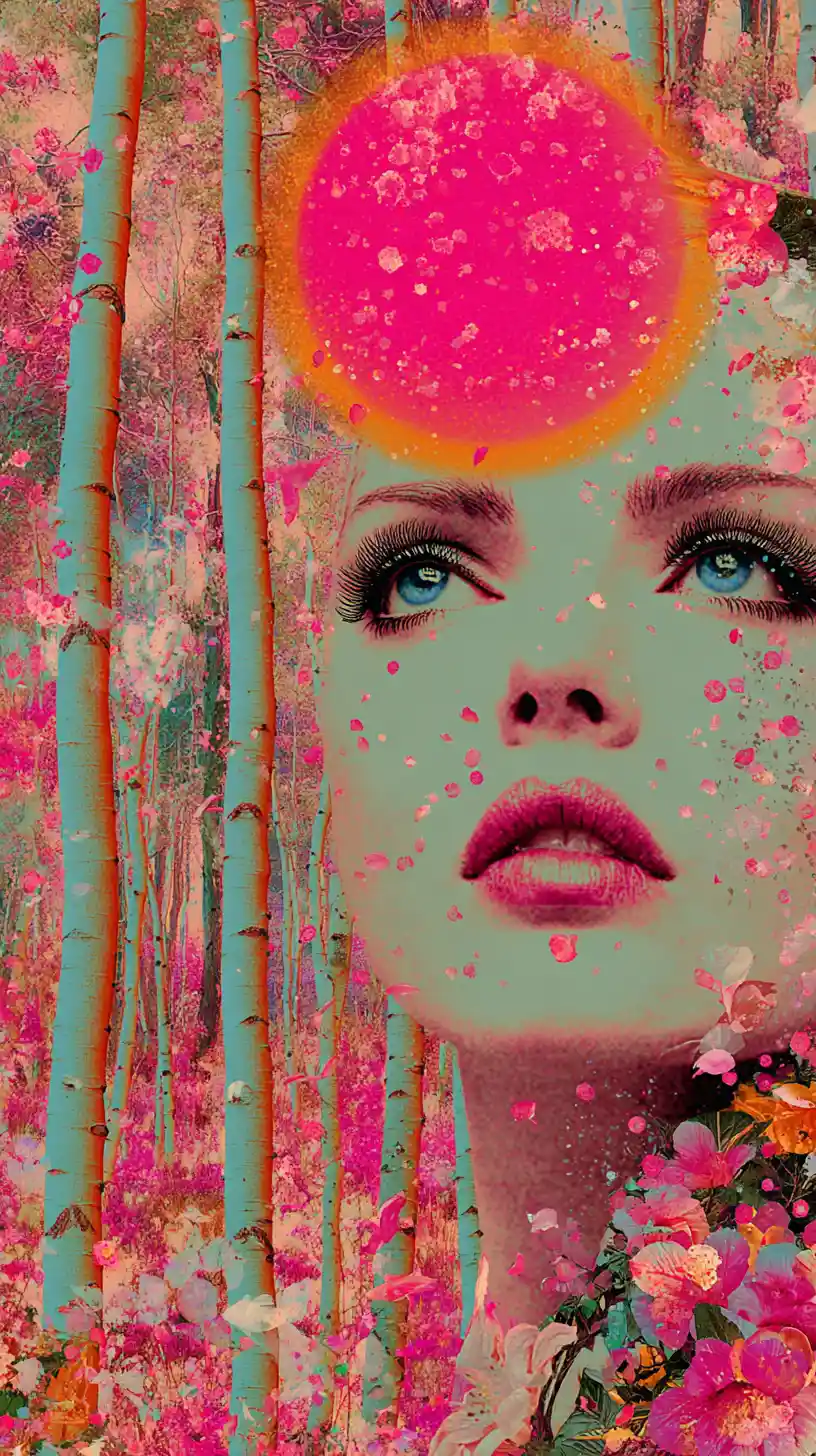 Whimsical surreal woman with petals and glowing pink sun