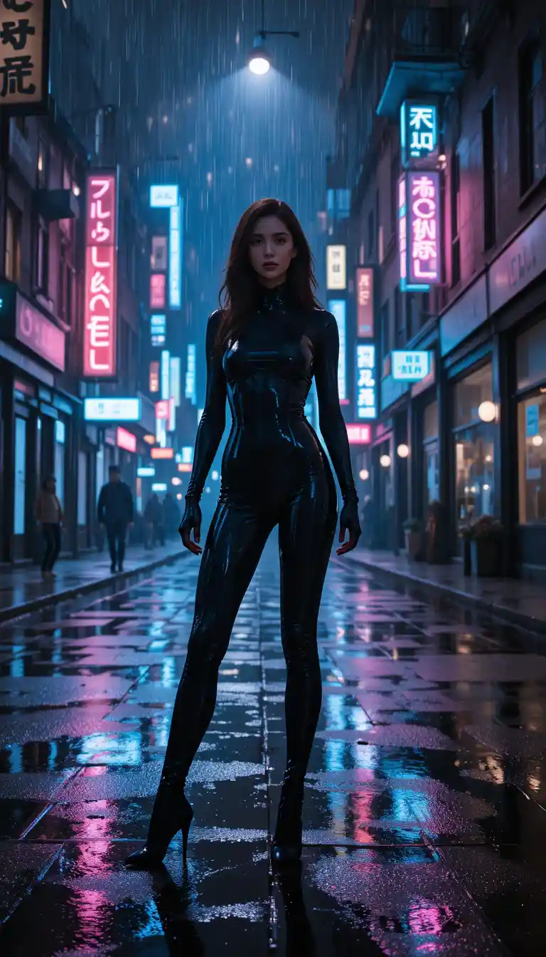 Woman in black suit under spotlight on rainy city street