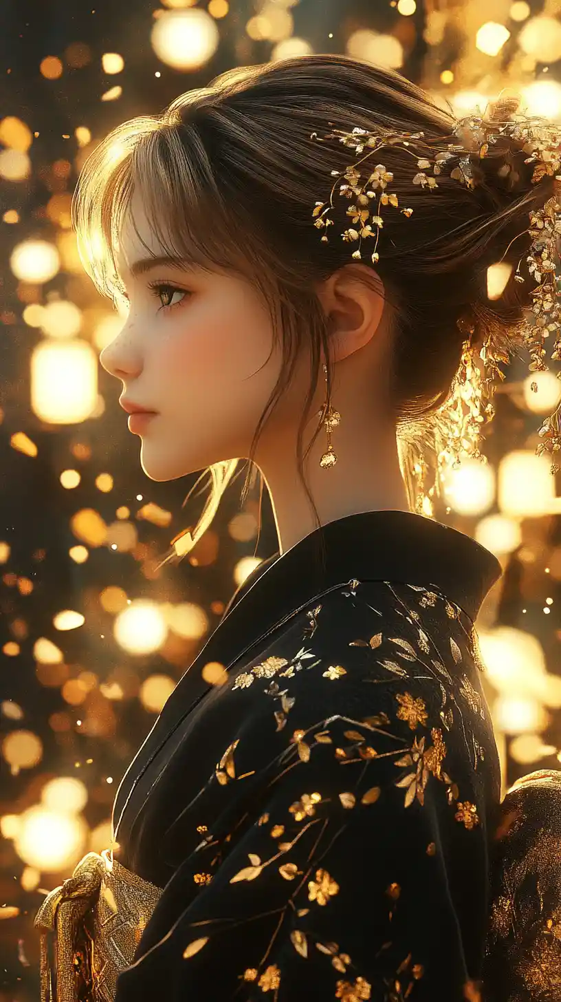 Girl in black kimono in glowing fantasy forest