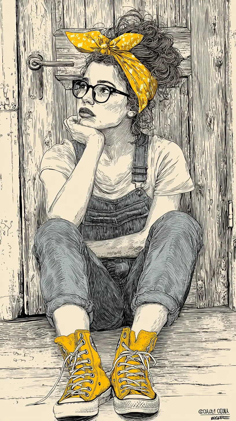 Pensive woman in ink sketch sitting in rustic doorway