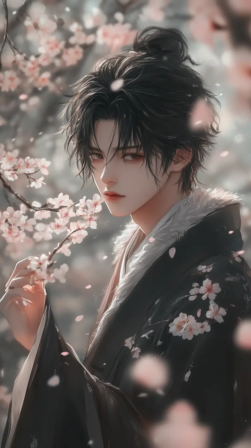 Elegante uomo in stile anime con fiori di ciliegio in morbido scala di grigi