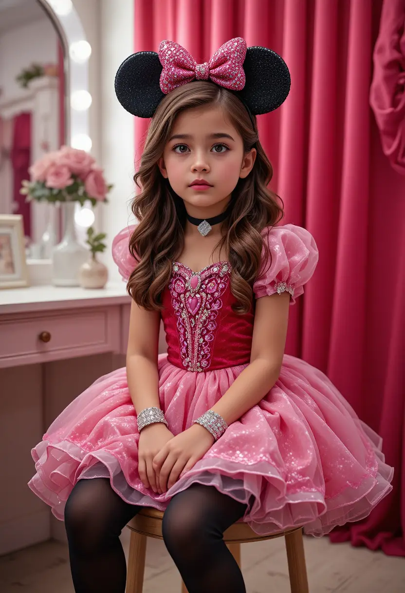 Niño con vestido de princesa rosa en tocador