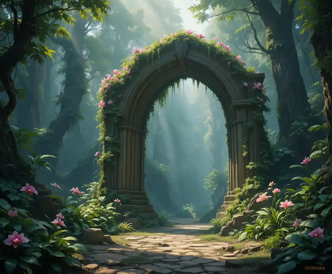 Ancient moss covered stone archway in a misty jungle clearing