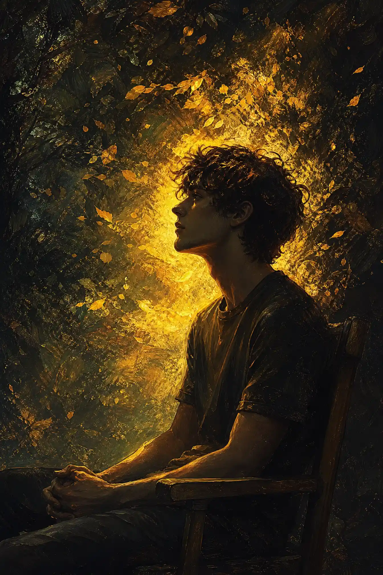 Thoughtful young man in profile in glowing forest light
