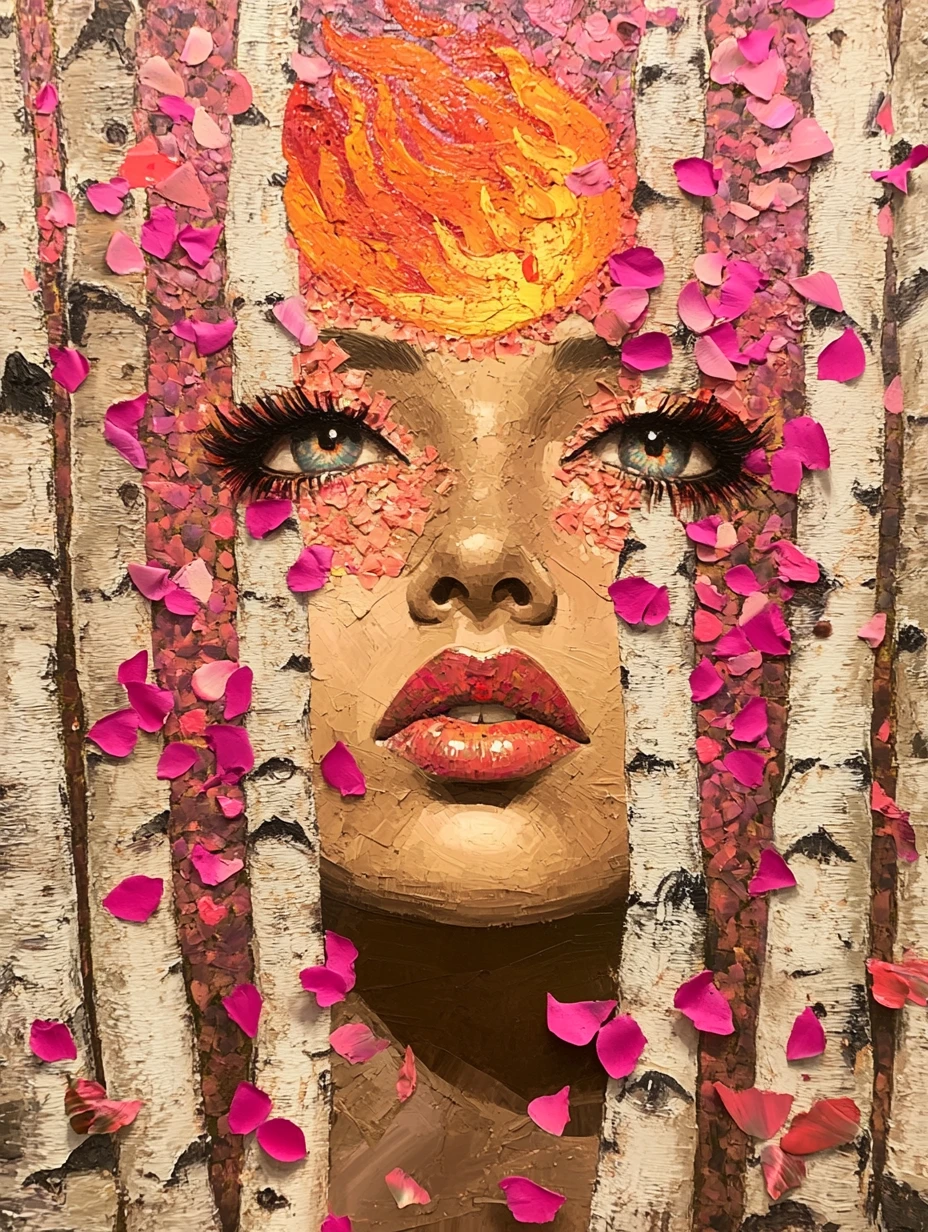 Surreal woman under glowing sun with cascading flower petals