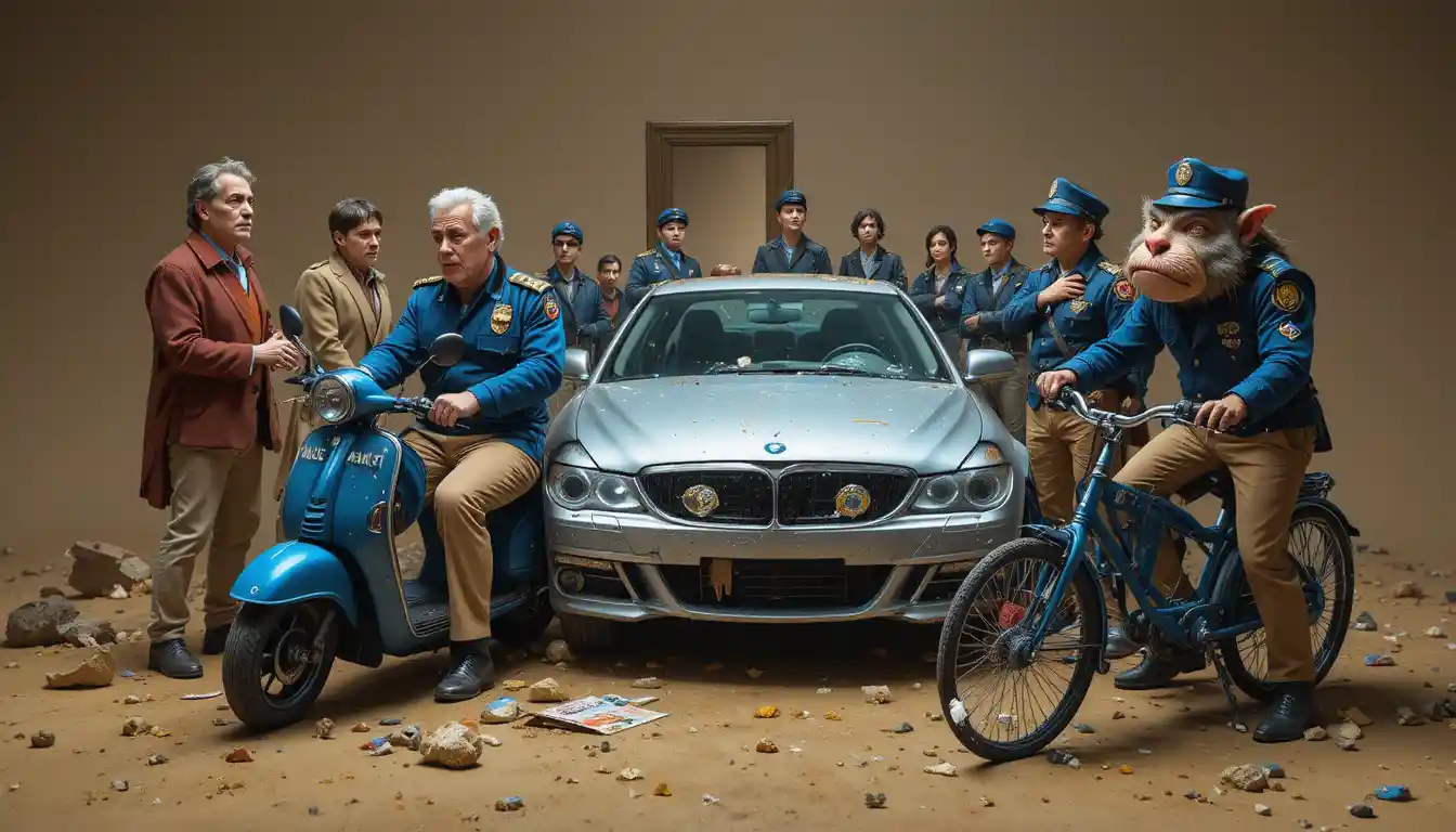 Surreal group around a damaged silver car in dusty space