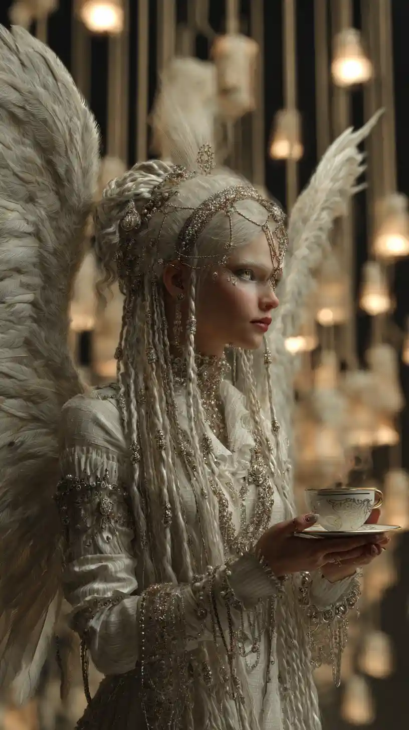 Whimsical fairy with jeweled wings holding a glowing candle