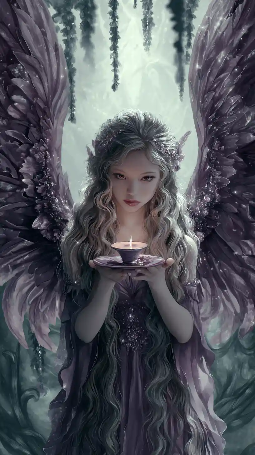 Whimsical fairy with jeweled wings holding a glowing candle