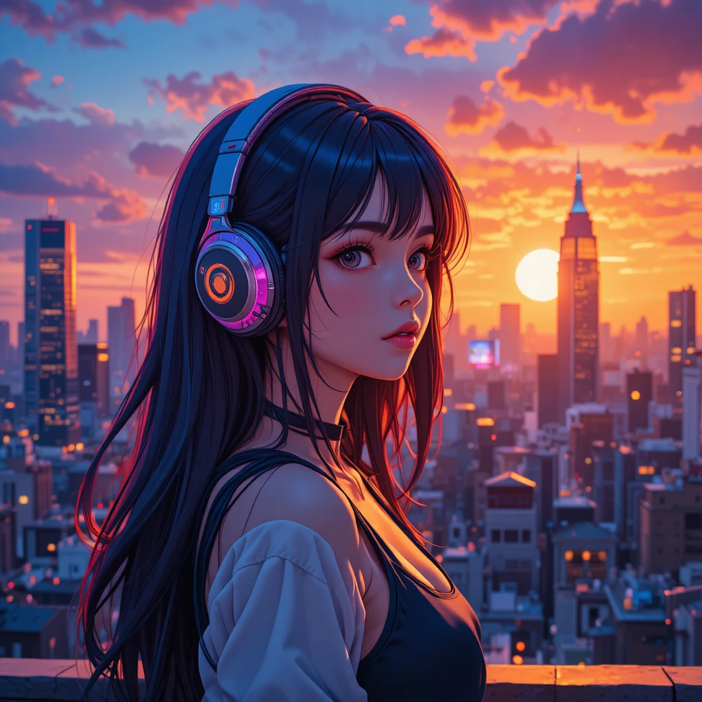 Anime girl with headphones in a neon city sunset