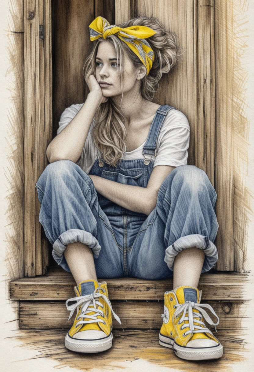 Pensive girl in ink sketch sitting in rustic doorway