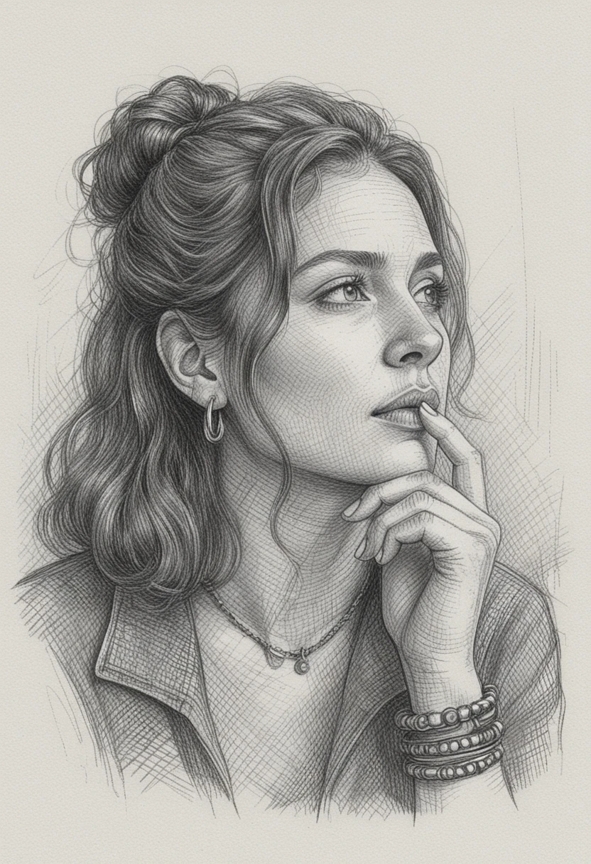 Pensive woman ink portrait with hand to her lips