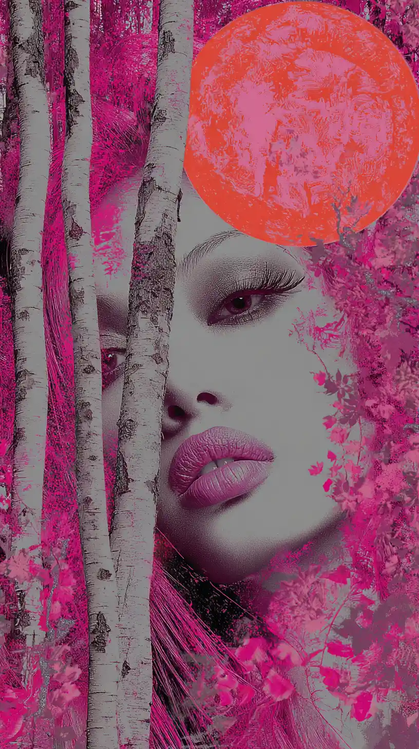 Surreal woman beneath cascading petals and glowing sun