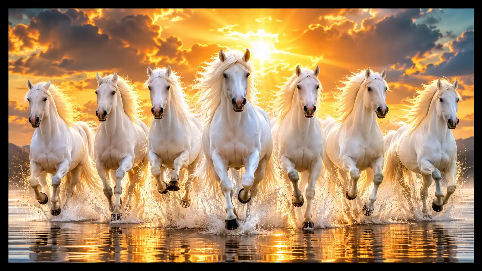 White horses galloping through mist in golden backlight