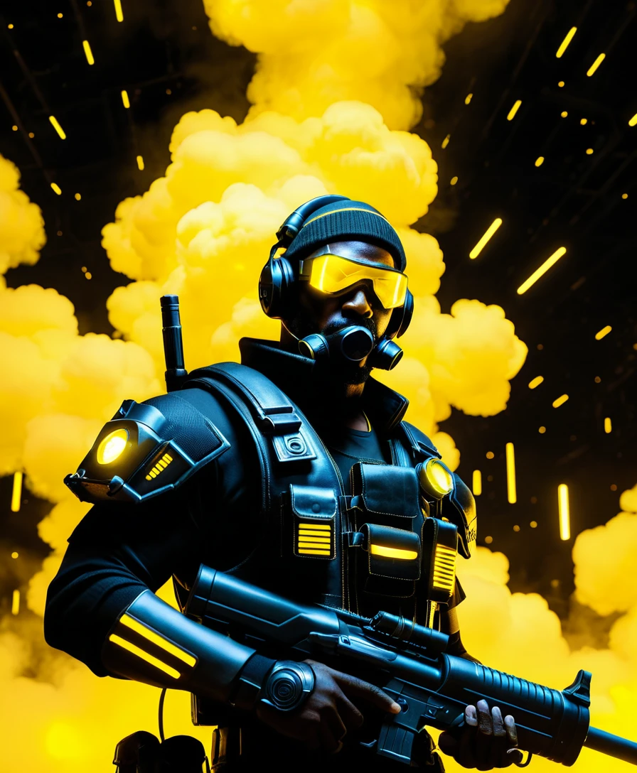 Sci fi grenadier in neon armor amid cosmic yellow storms