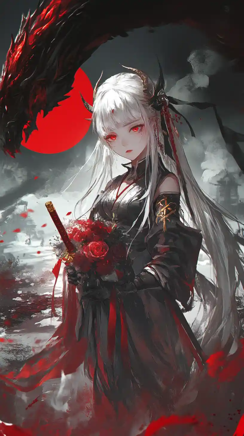 Sad anime girl walking through a field of transparent swords