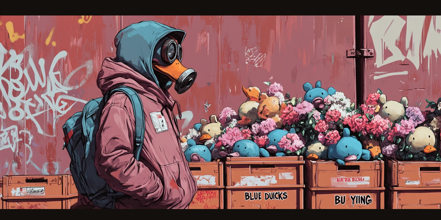 Man in duck gas mask standing in urban shipping yard