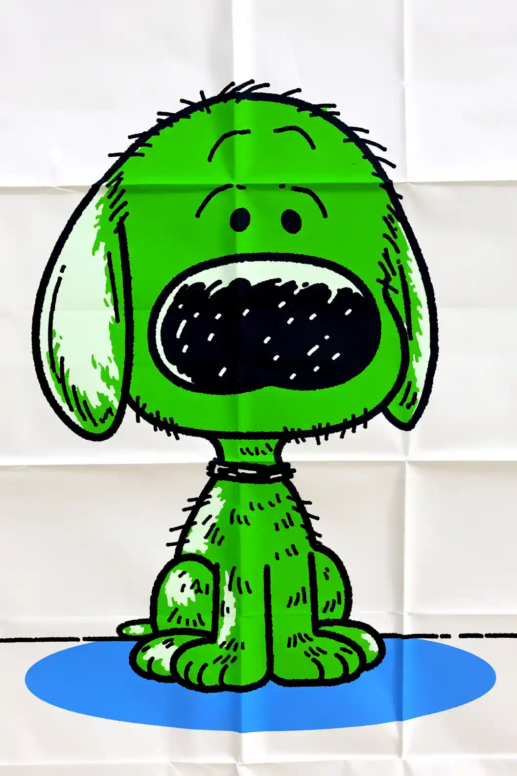 Grüner Cartoon-Hund mit großer Schnauze auf weißem Hintergrund