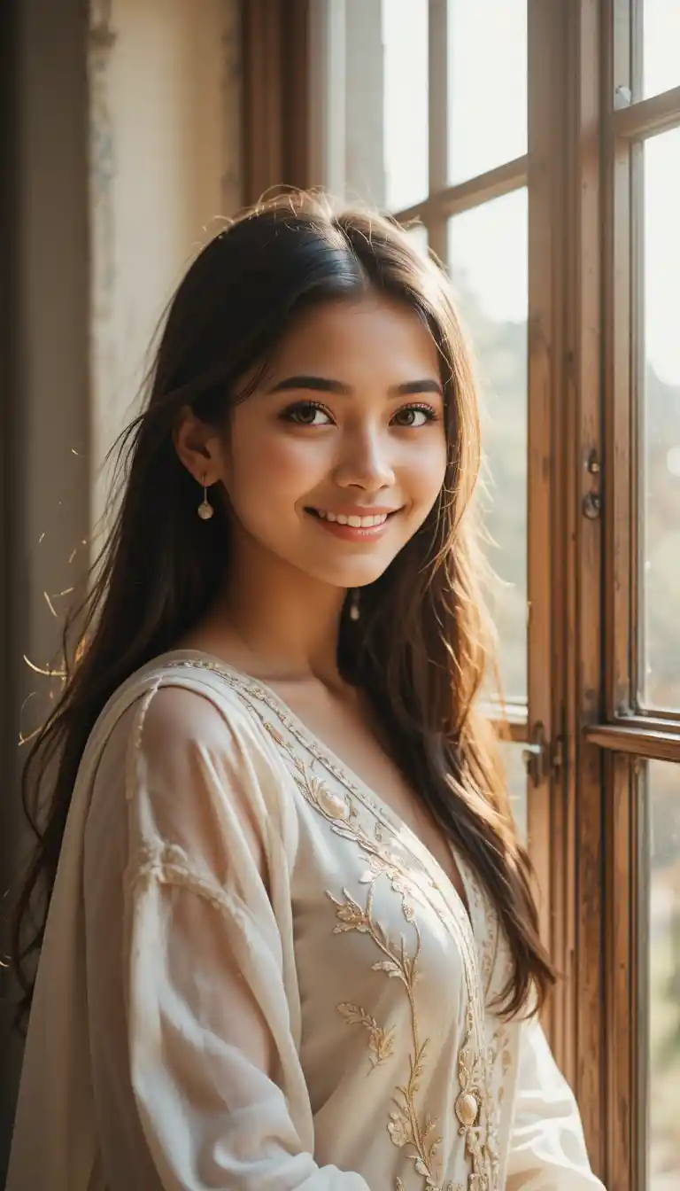 Young Indian woman by a sunlit window indoors