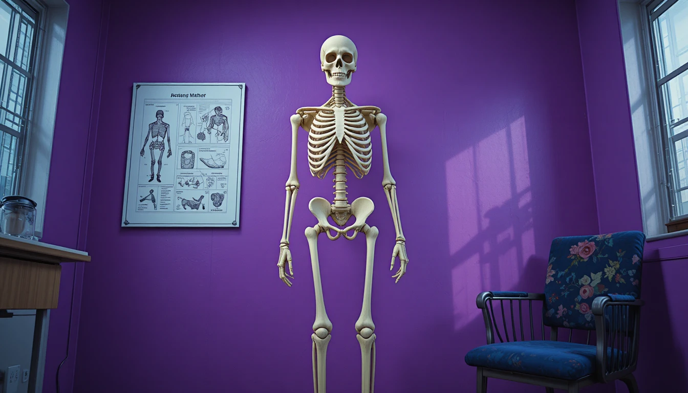 Human skeleton model in front of purple medical wall