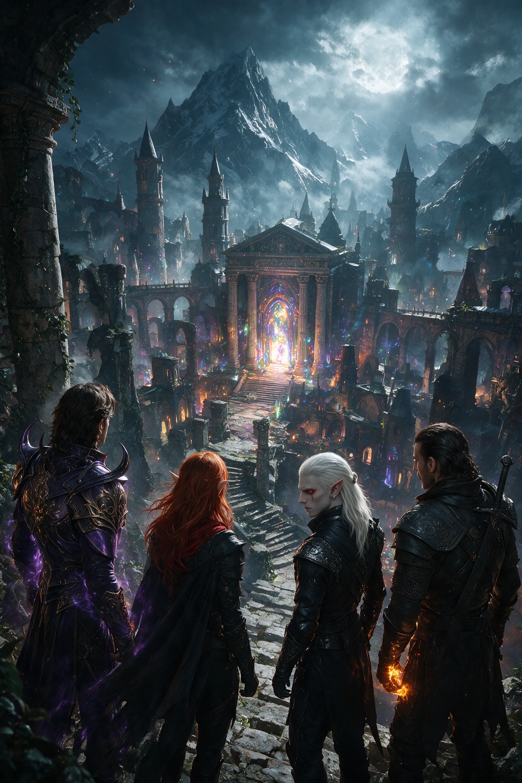 Adventurers Overlook A Magical City From A Rocky Cliff