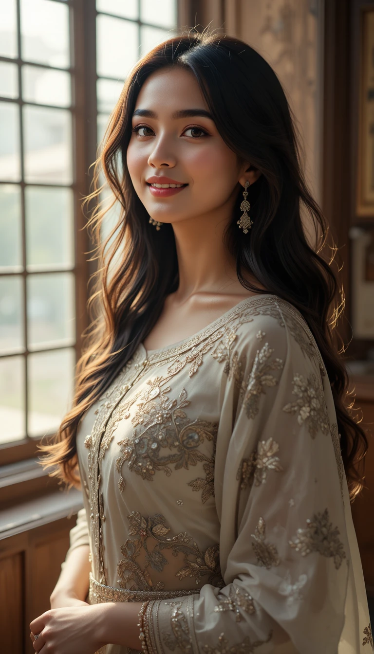 Serene Indian woman in sunlight filled indoor room