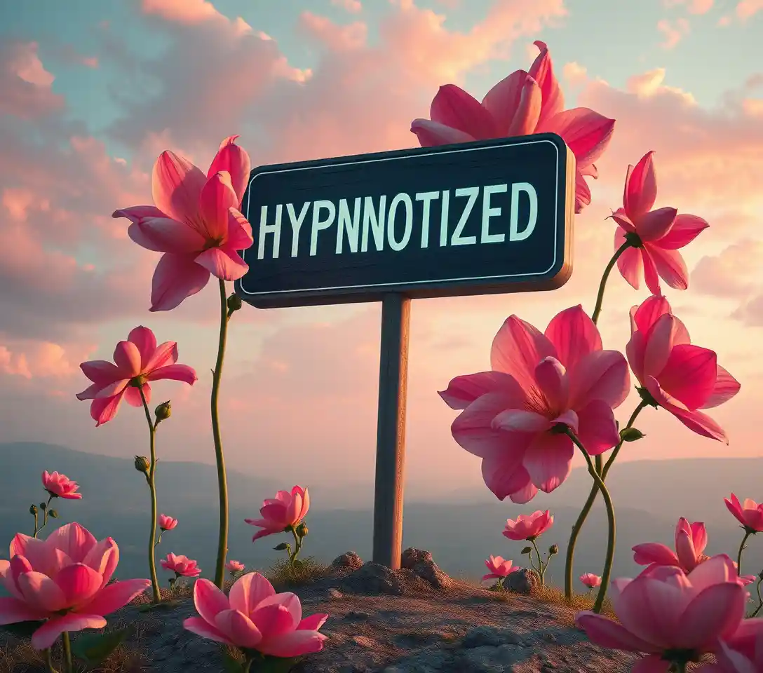 Surreal hypnotic sign on a pastel melancholy hill
