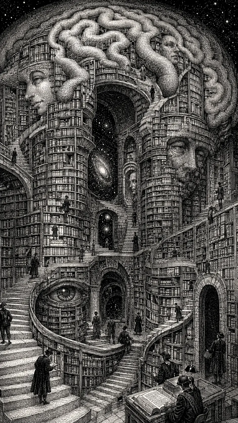 Vasta biblioteca dibujada a tinta que forma los pliegues de una mente humana