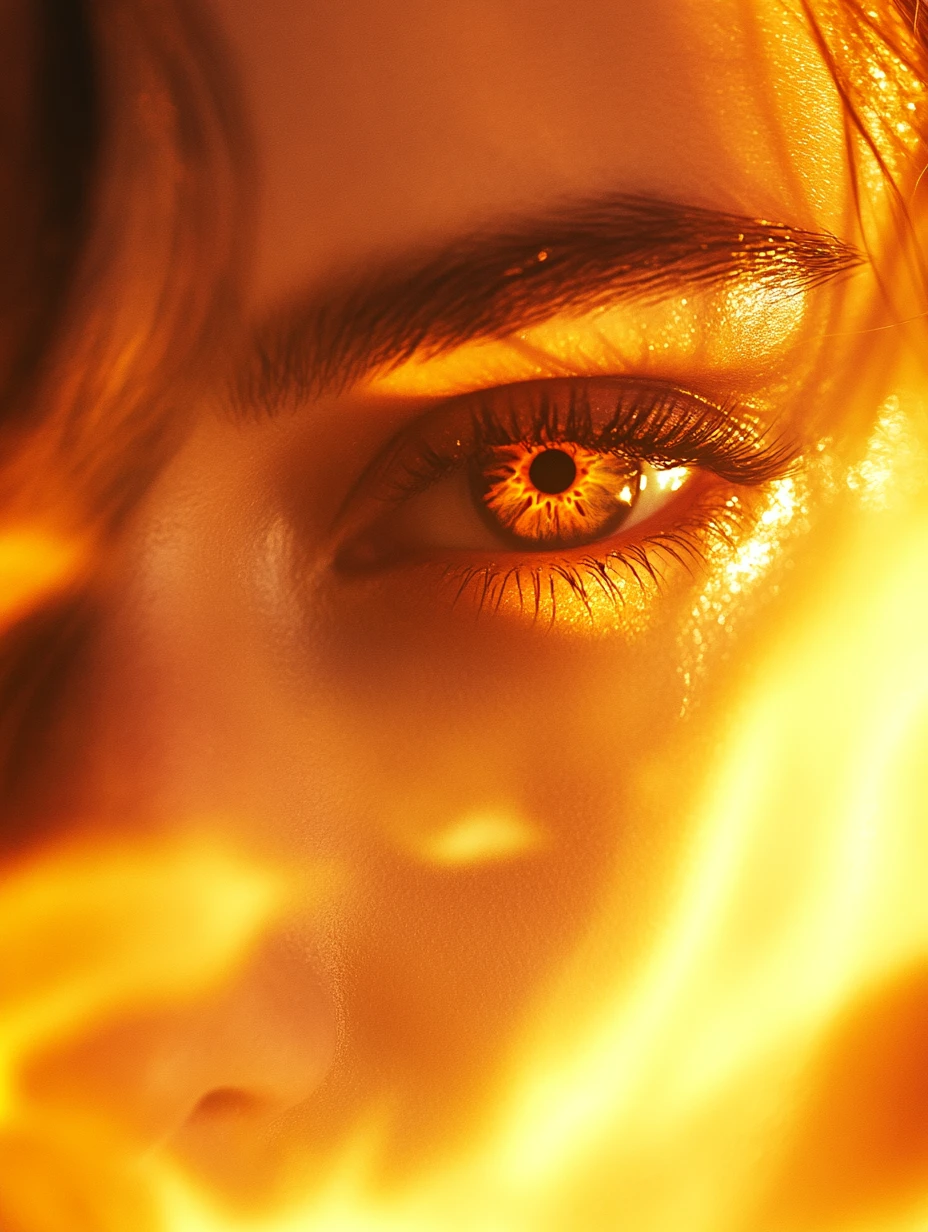 Woman portrait with bold eyes framed by yellow flames