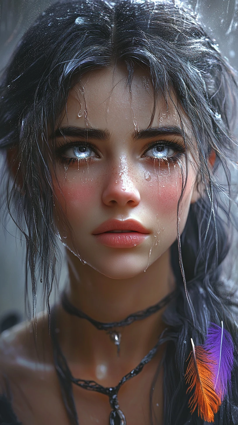 Mystical woman with tearful gaze and glowing grey eyes
