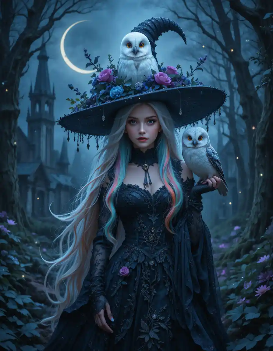 Mystical rainbow haired witch with owls in moonlit forest